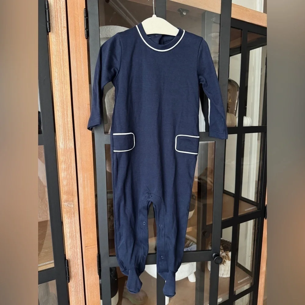 NEW Lila + Hayes preston footies romper navy long sleeve coverall baby boy